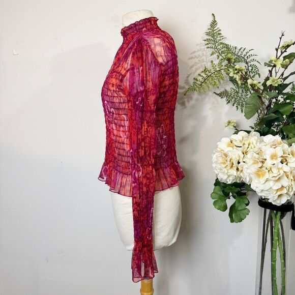 Free People Hello There sheer ruched mock-neck top red orange mesh | medium - Picture 6 of 13